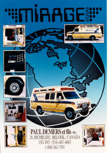 Promotional poster showing a Demers ambulance with multiple inset images of vehicle features and interior components
