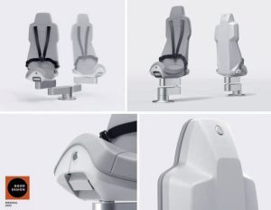 Multiple views of a Demers ambulance crew seat with integrated restraints.