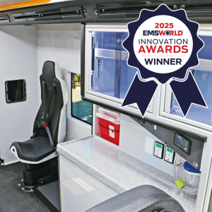 Ambulance interior with seating, storage, and an award badge graphic